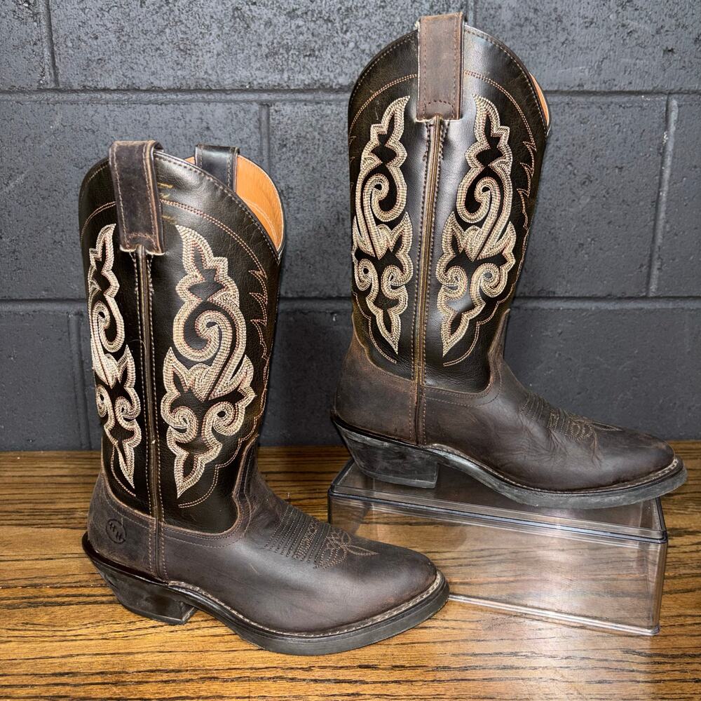 Nocona Dark Brown Leather Western Heeled Boots with Tan Stitching
